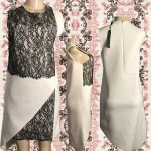 Robert Rodriquez 4 Black-Cream Lace Zip Back Asymmetrical Hem Sheath Dress